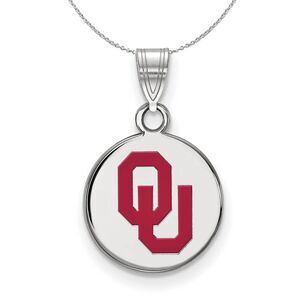 Sterling Silver U. of Oklahoma Small Enamel Disc Necklace - 24 In